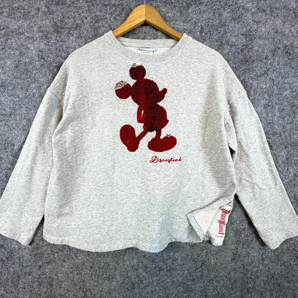Disney Parks Sweatshirt Womens Medium Gray Disneyland Red Mickey Mouse Sequin
